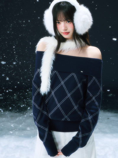 Off-Shoulder Diamond Pattern Sweater WEE0107