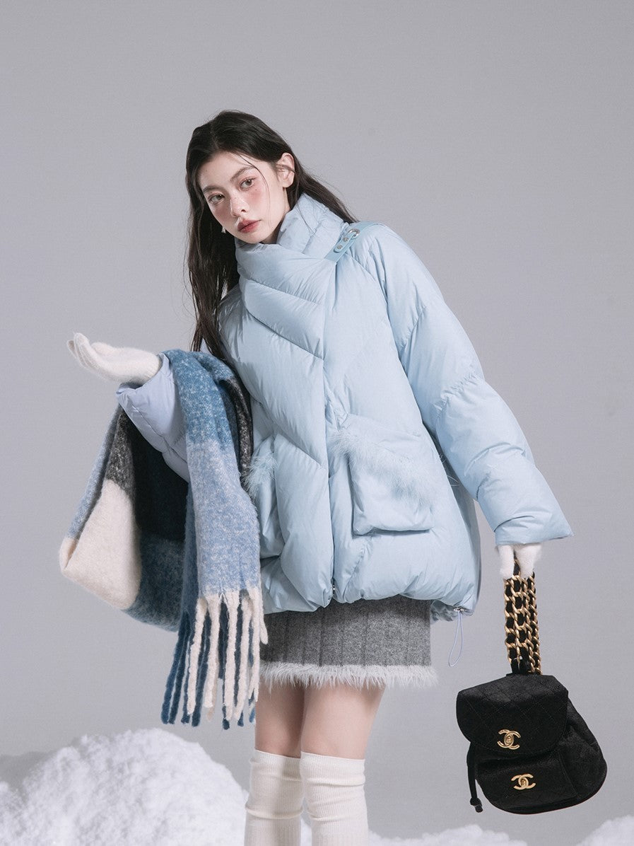 Milky Salt Ice Blue Slanted Front Button Down Jacket COT0192