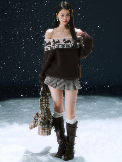 Off-Shoulder Sweater/Plaid Skirt WEE0101