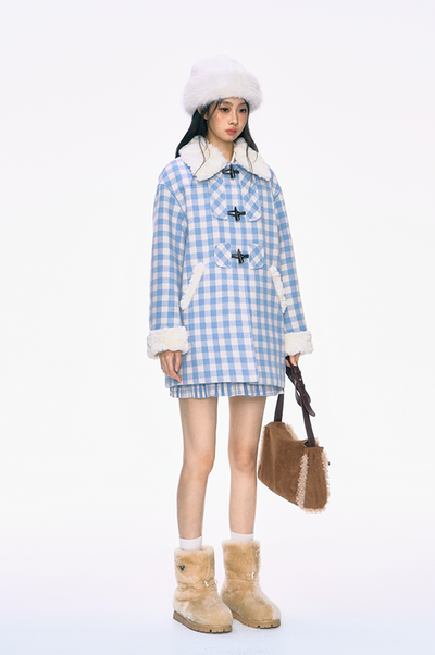 Fur Collar Horn Button Blue Plaid Cotton Coat PUN0031