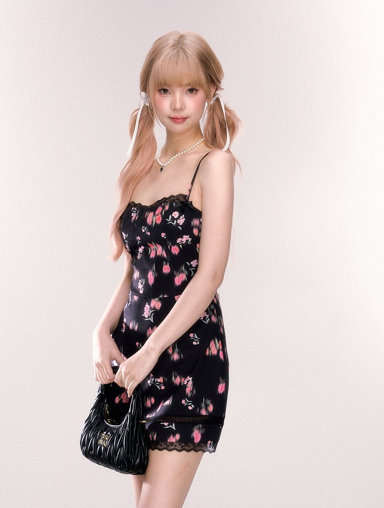 Lace Black Floral Suspender Dress/Red Cardigan QDQ0066