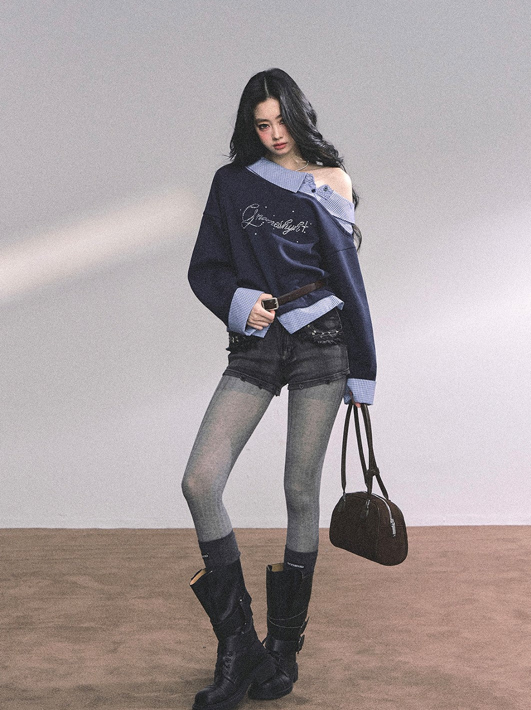 Fake Two-piece One Shoulder Plaid Sweatshirt DIA0626