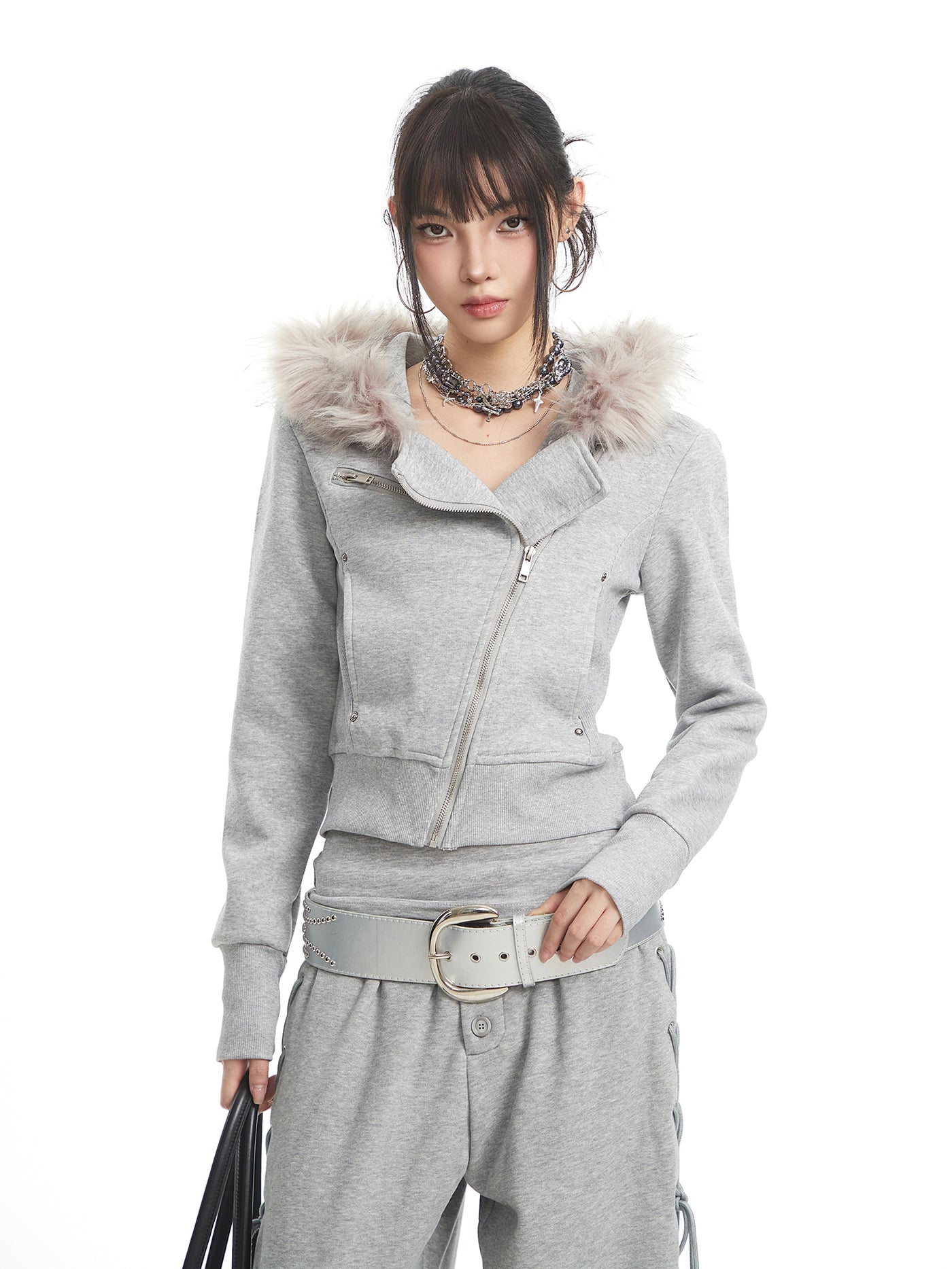 Fur Collar Hooded Sweatshirt Jacket UNC0324