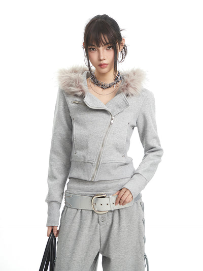 Fur Collar Hooded Sweatshirt Jacket UNC0324