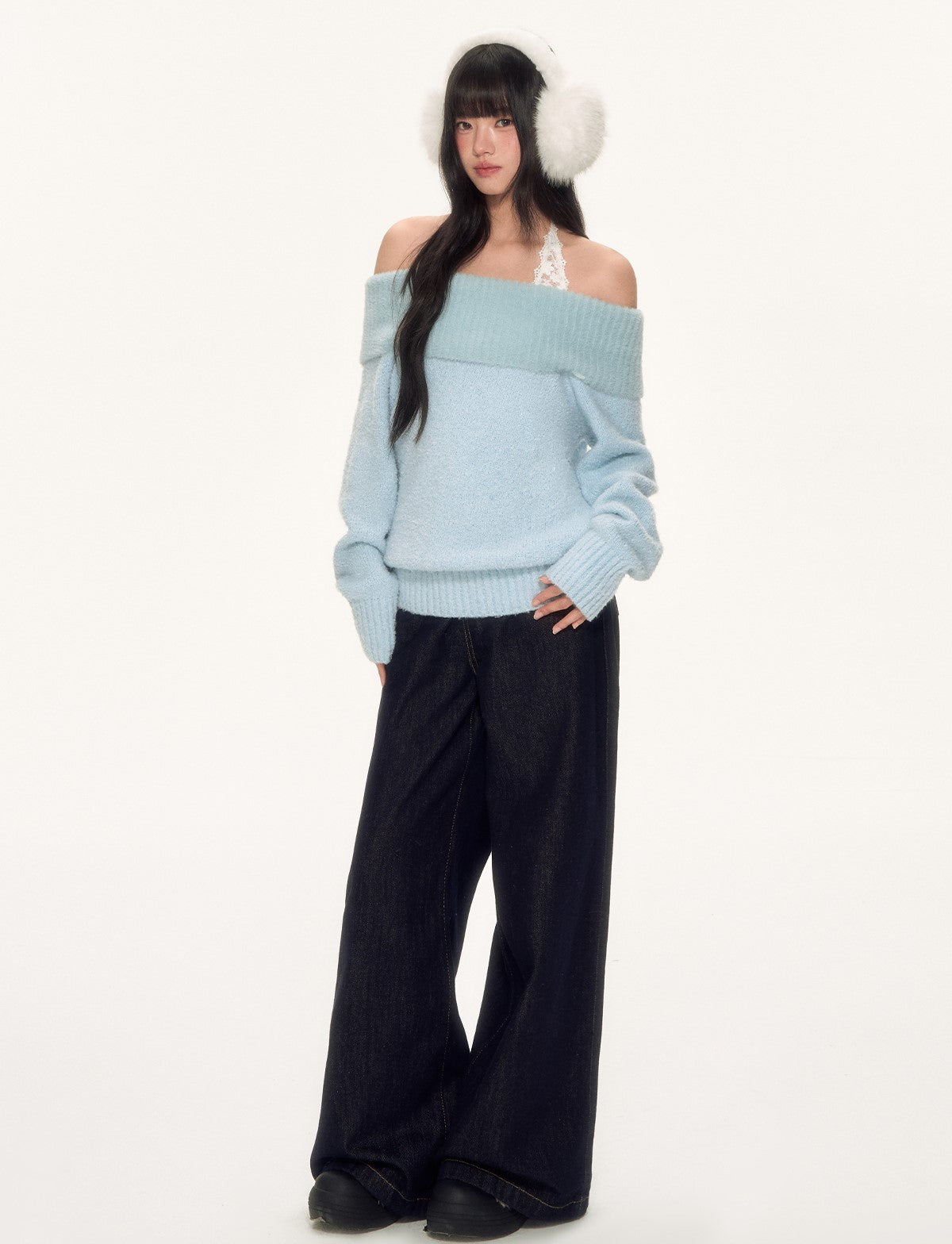 Blue Off-Shoulder Lace Halter Sweater WEE0090