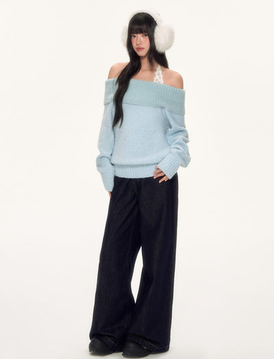 Blue Off-Shoulder Lace Halter Sweater WEE0090