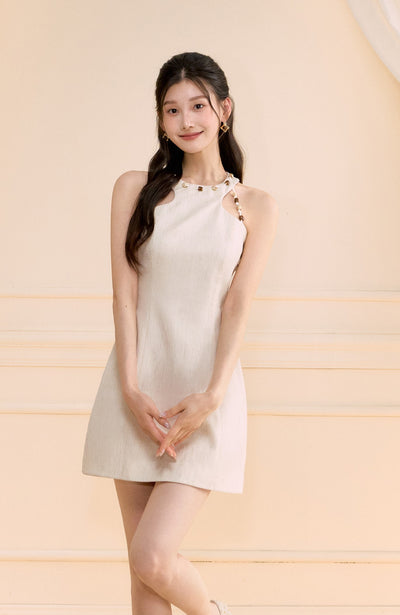 Halter Neck Beaded Linen Short Dress OSH0173