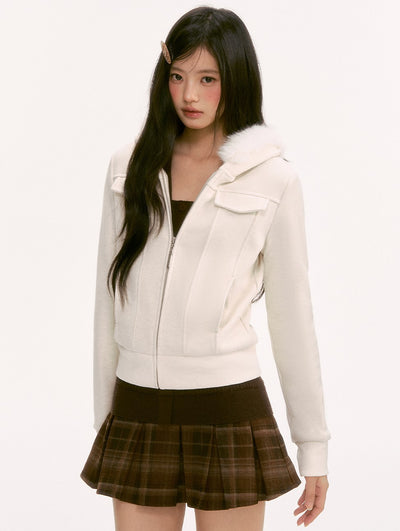 White Retro Fur Collar Hooded Jacket WEE0126