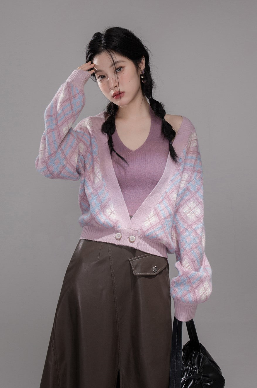 Purple Halter Vest+Diamond-patterned Cardigan COT0362