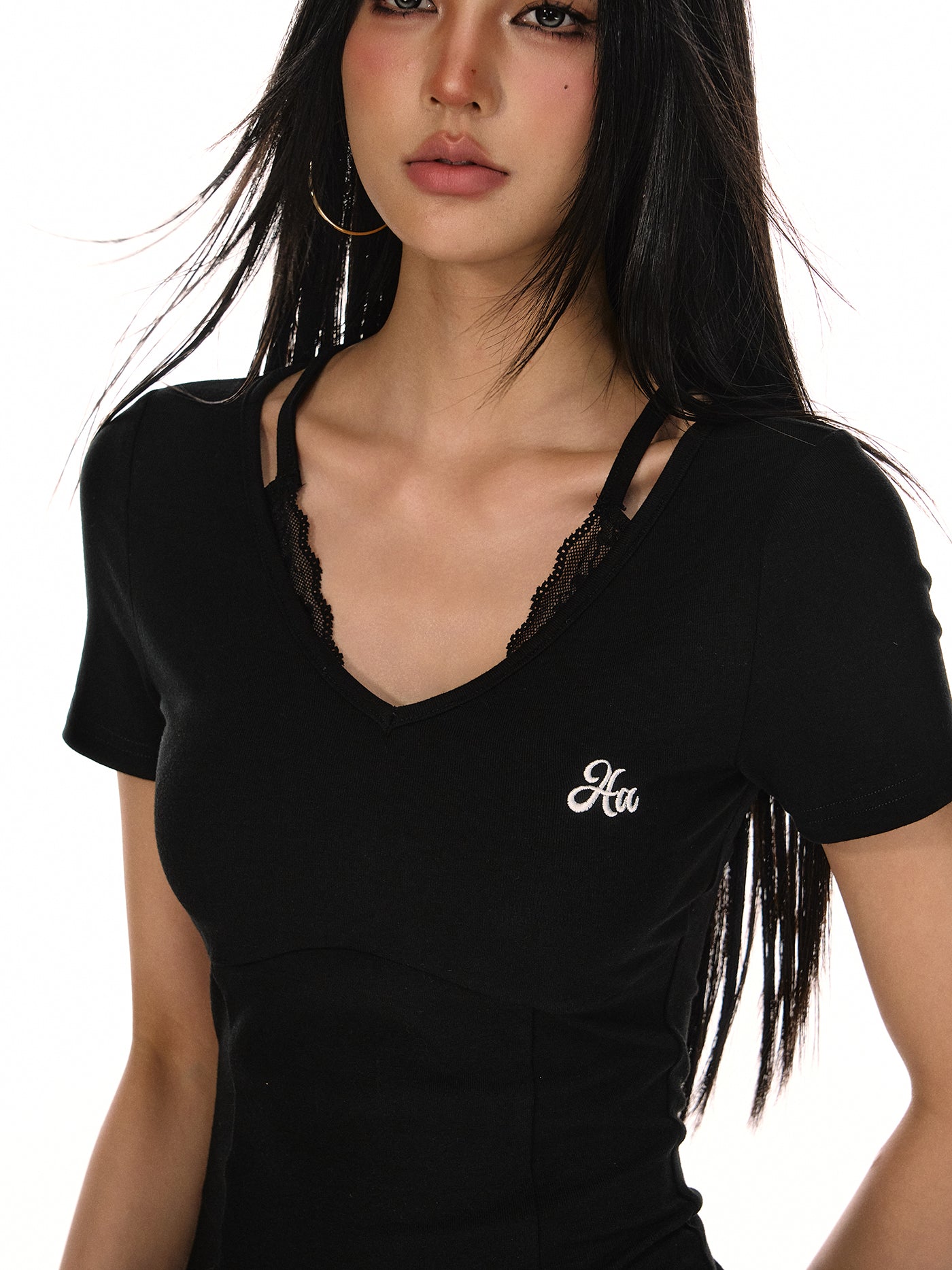 Simple V-neck Fake Two-piece T-shirt ACM0079