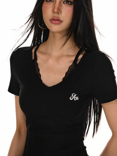 Simple V-neck Fake Two-piece T-shirt ACM0079