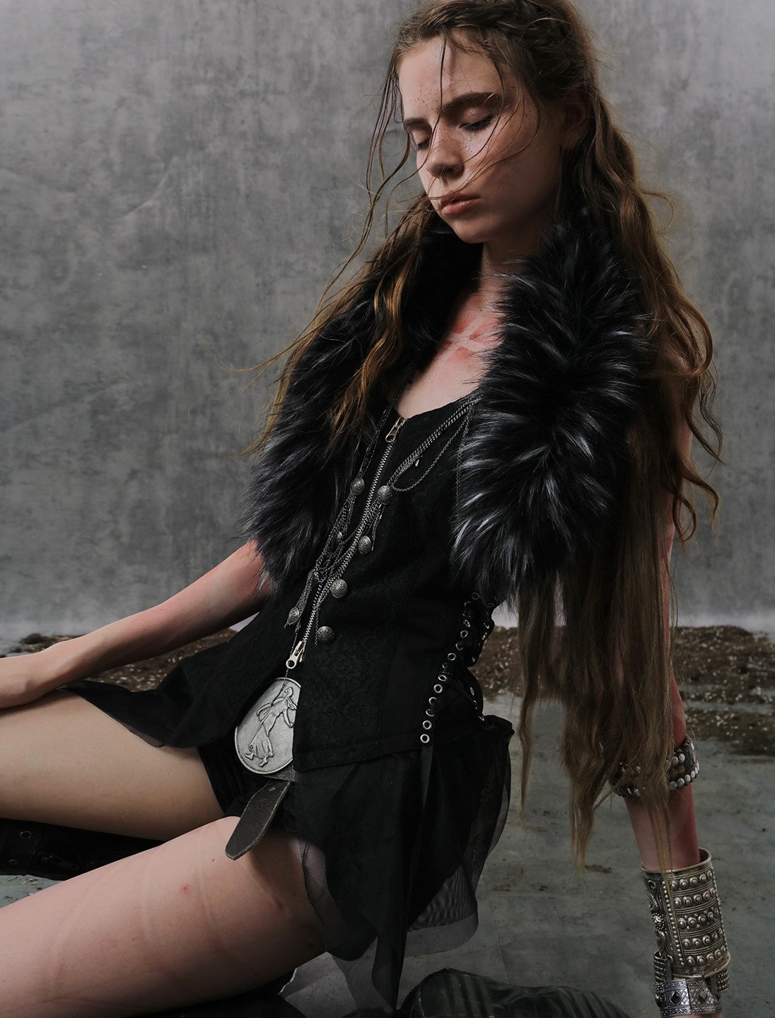 Lace Splicing Metal Button Fur Collar Vest DOU0129