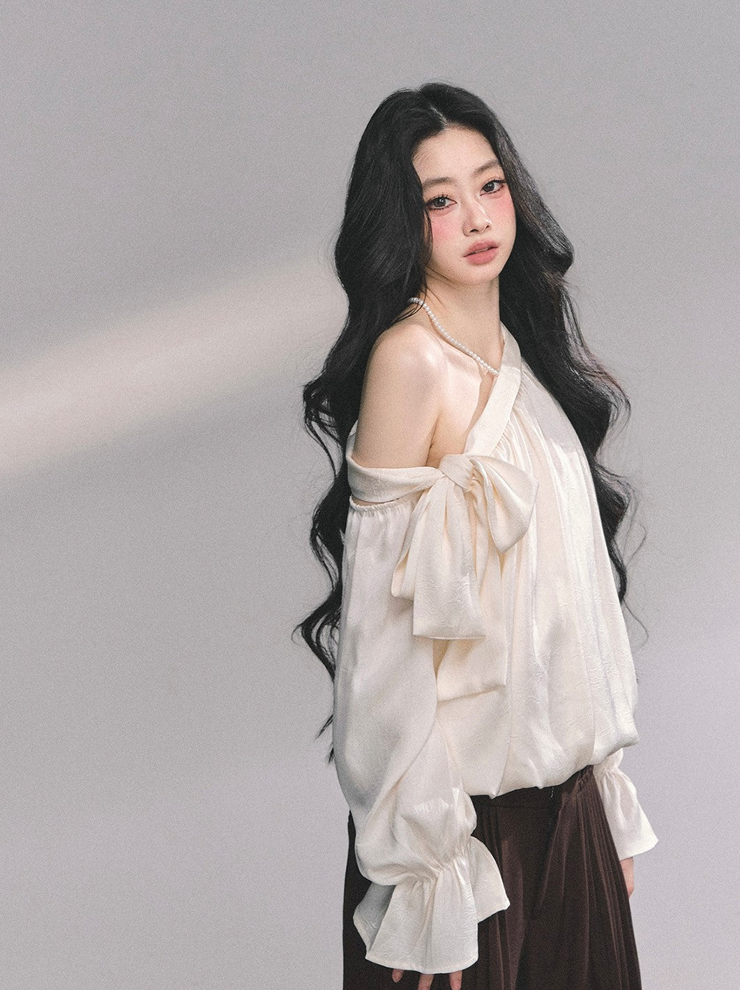 Oblique Shoulder Bow Plaid Shirt DIA0625