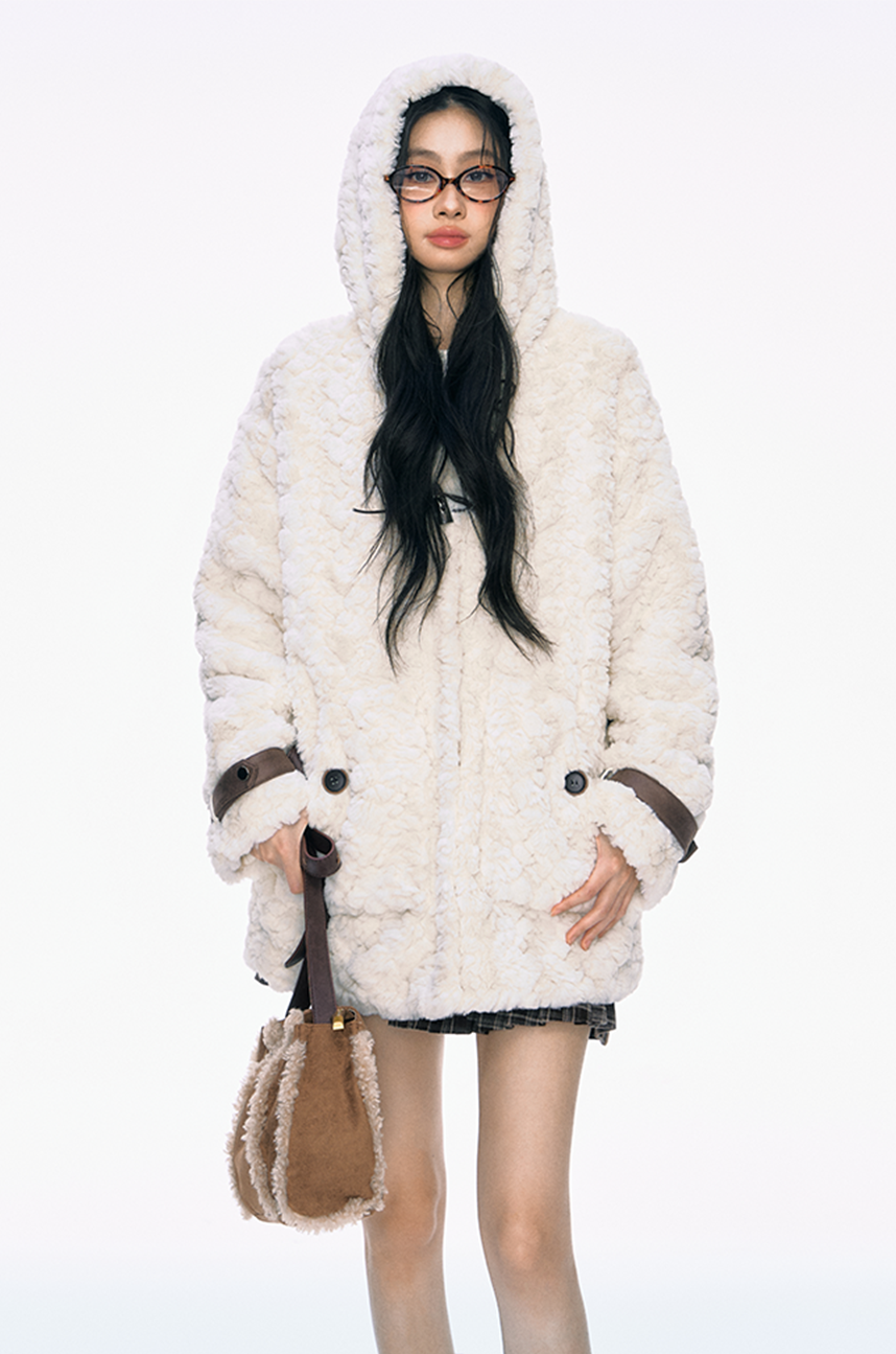 Ribbon Off-white Fur Cotton Coat PUN0039