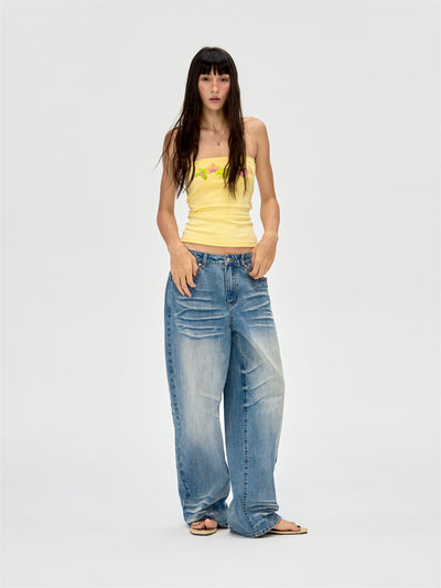 Washed Blue Drape Wide-leg Jeans CUR0216