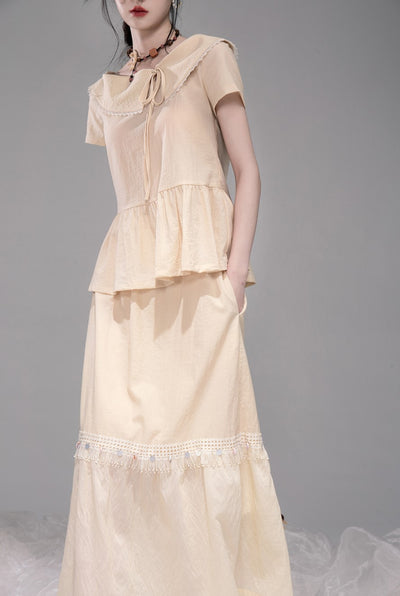 Cream Lapel Short Sleeve Top/Skirt COT0324
