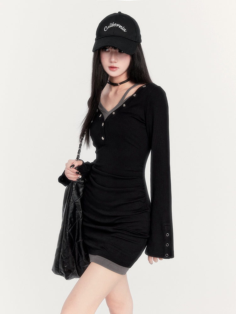 Black And Gray Fake Two-piece Fleece Bottoming Dress VOC0290