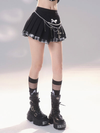 Fairy French Contrast Plaid Black Slim Pleated Skirt DIA0189