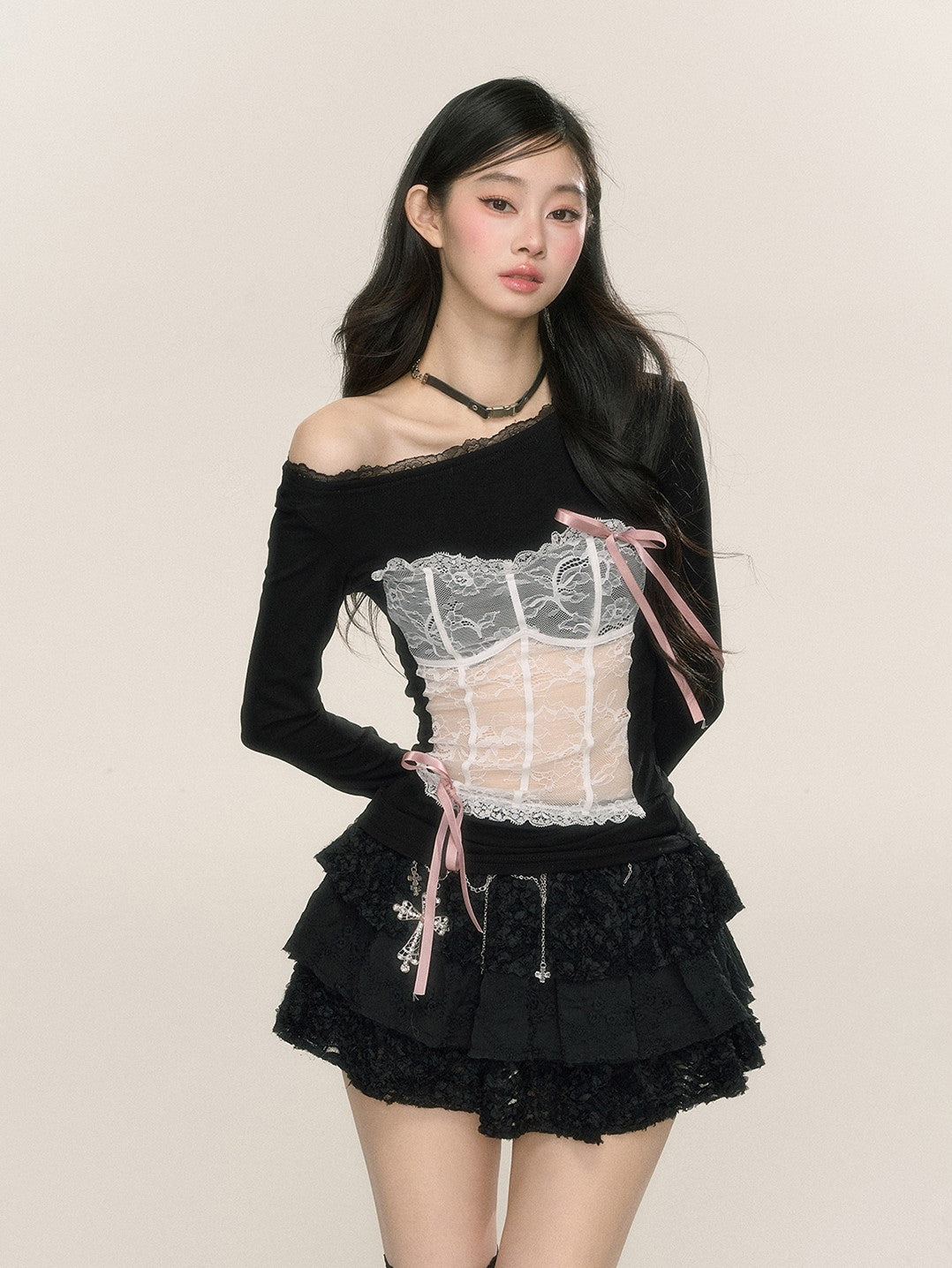 Slightly Transparent Lace Off-shoulder T-shirt DIA0233