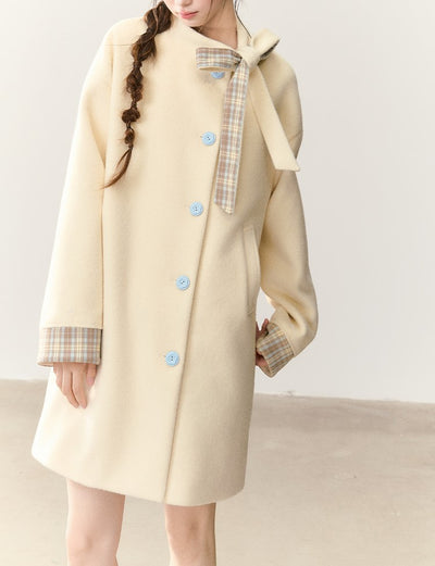 Bow Tie Plaid Patchwork Wool Coat NTO0244