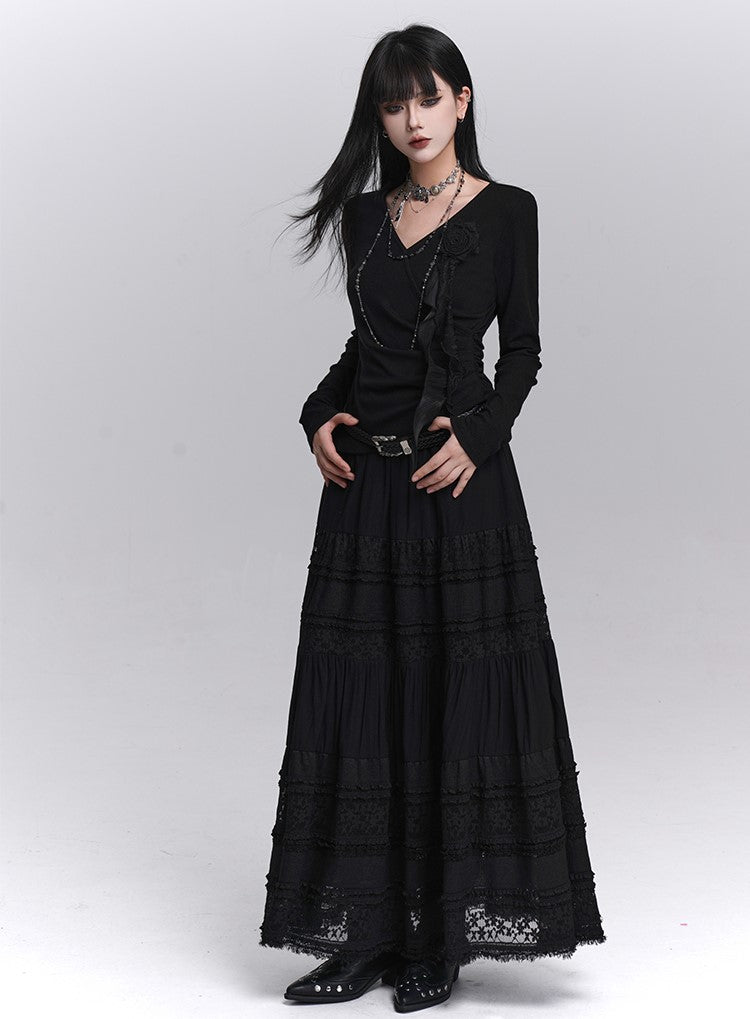 Stylish Rose Black Long-Sleeved Top LAD0236