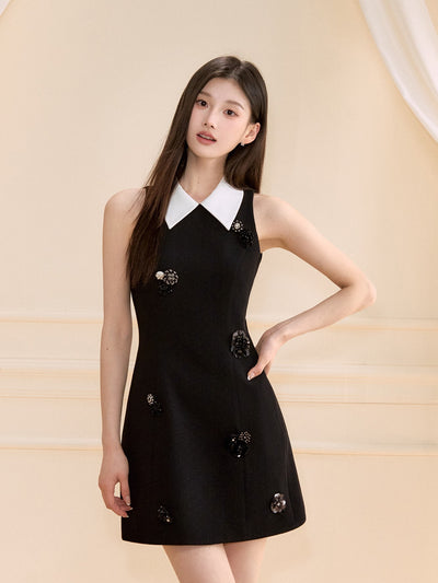 Black Sleeveless Beaded Flower Dress OSH0121