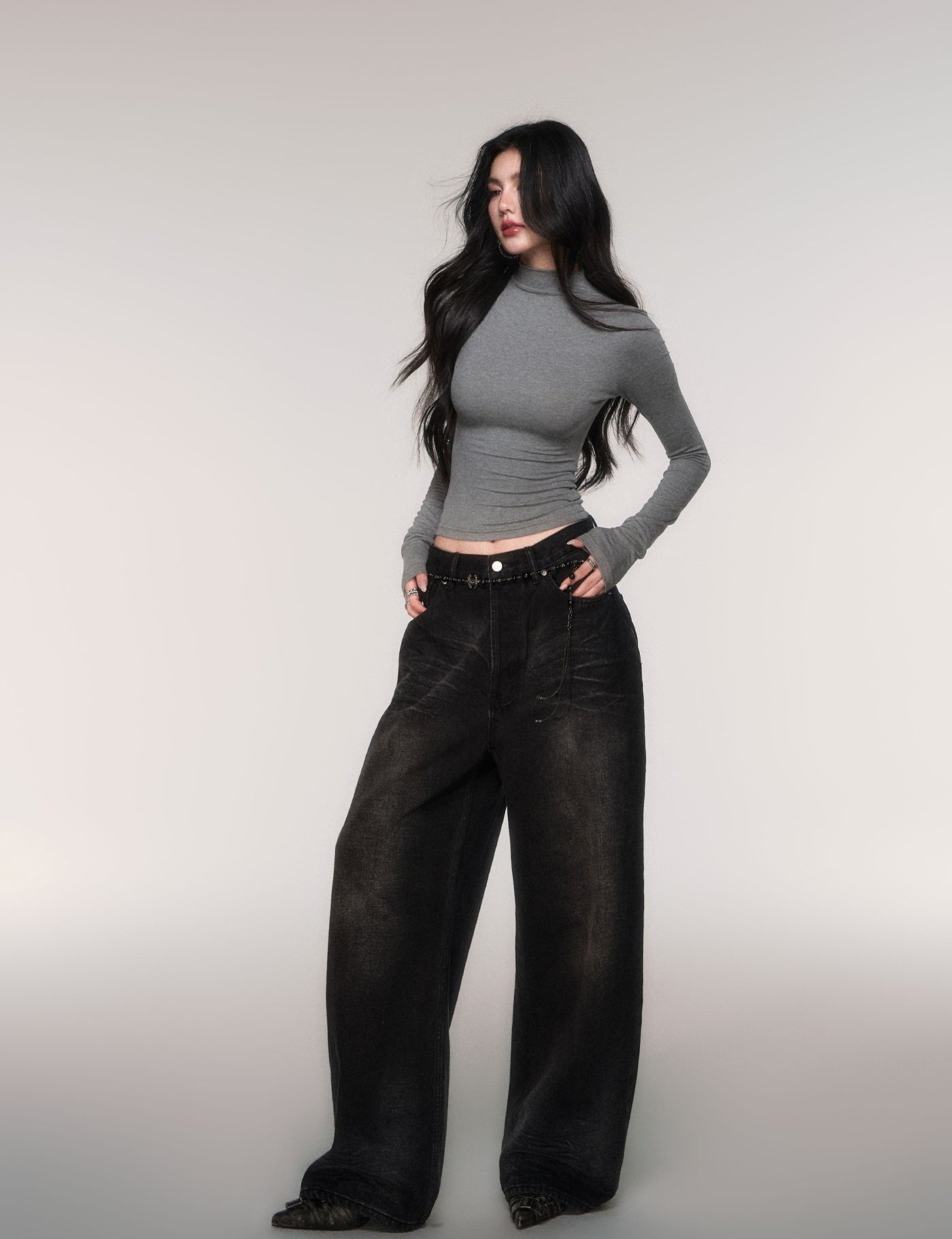 Black High-waisted Wide-leg Casual Jeans LUL0206