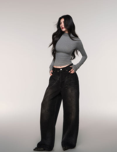 Black High-waisted Wide-leg Casual Jeans LUL0206