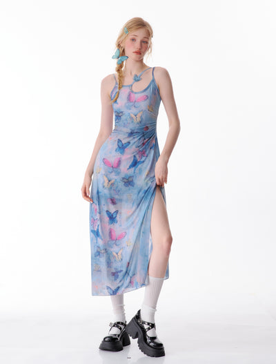 Butterfly Graffiti Print Waist Slimming Suspender Dress ZIZ0132