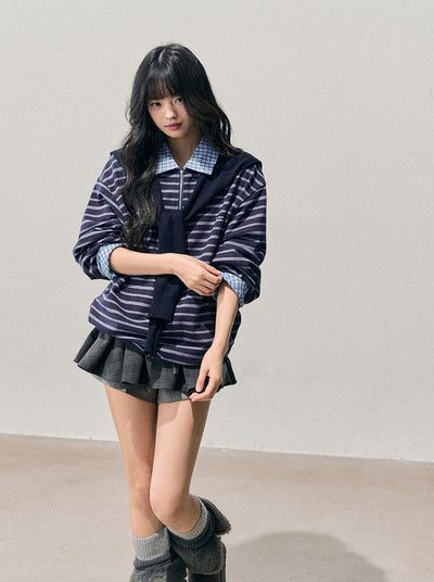 Blue Faux Two-Piece Striped T-Shirt DIA0710