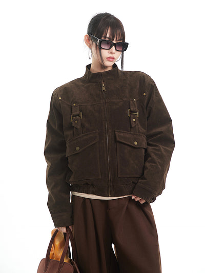 Brown Retro Suede Stand Collar Jacket UNC0330