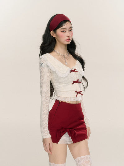 Sweetheart Doll Collar Lace Long Sleeve Thin Shirt/Red Skirt DIA0220