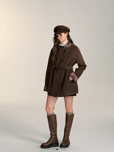 Retro Double-breasted Mid-length Coffee-colored Woolen Coat QDQ0085