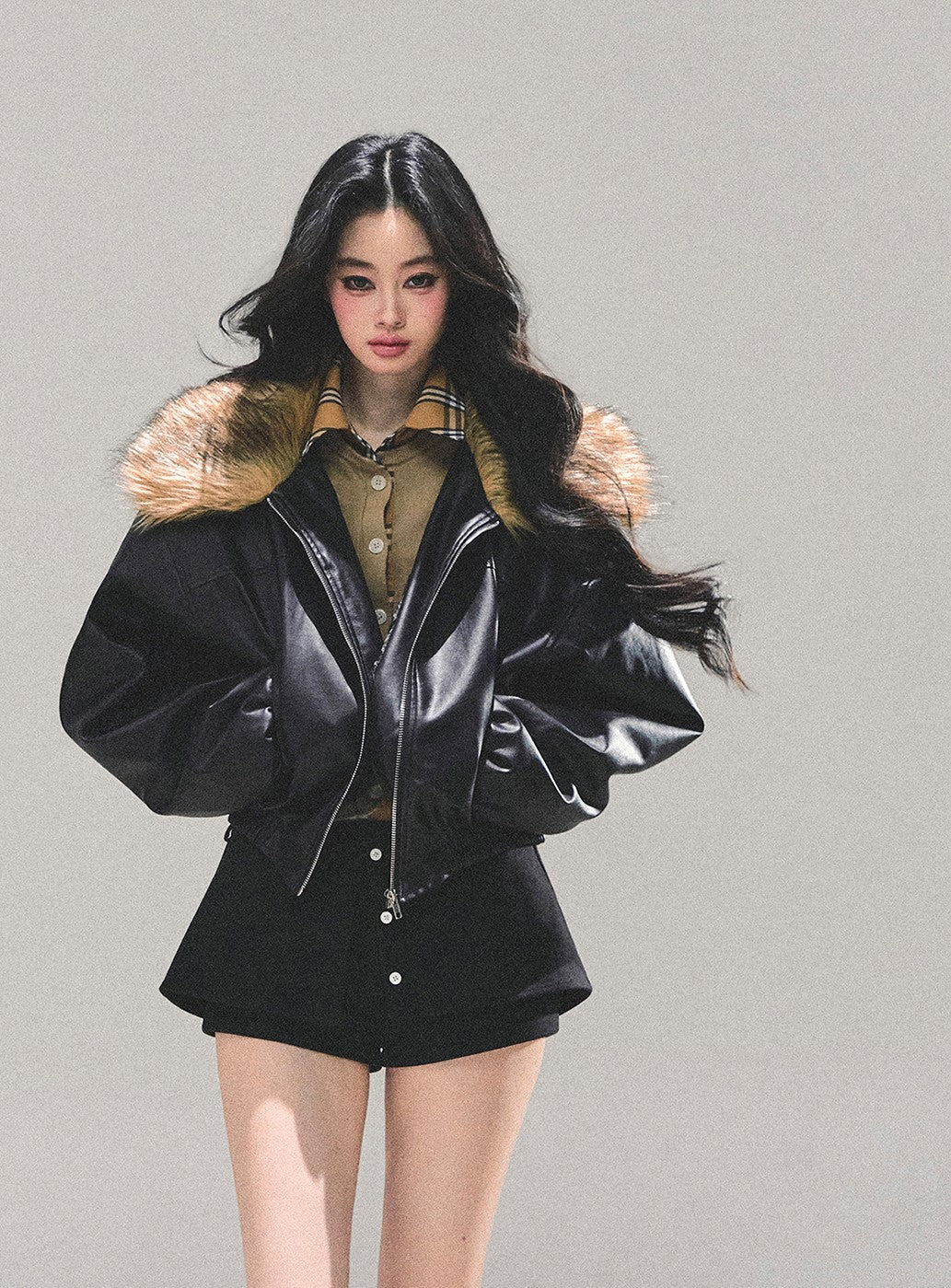 Black Large Lapel Leather Jacket DIA0690