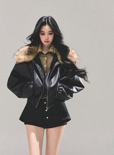 Black Large Lapel Leather Jacket DIA0690