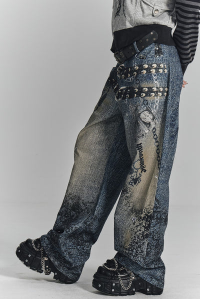 Chain Digital Print Wide-leg Jeans KIN0132