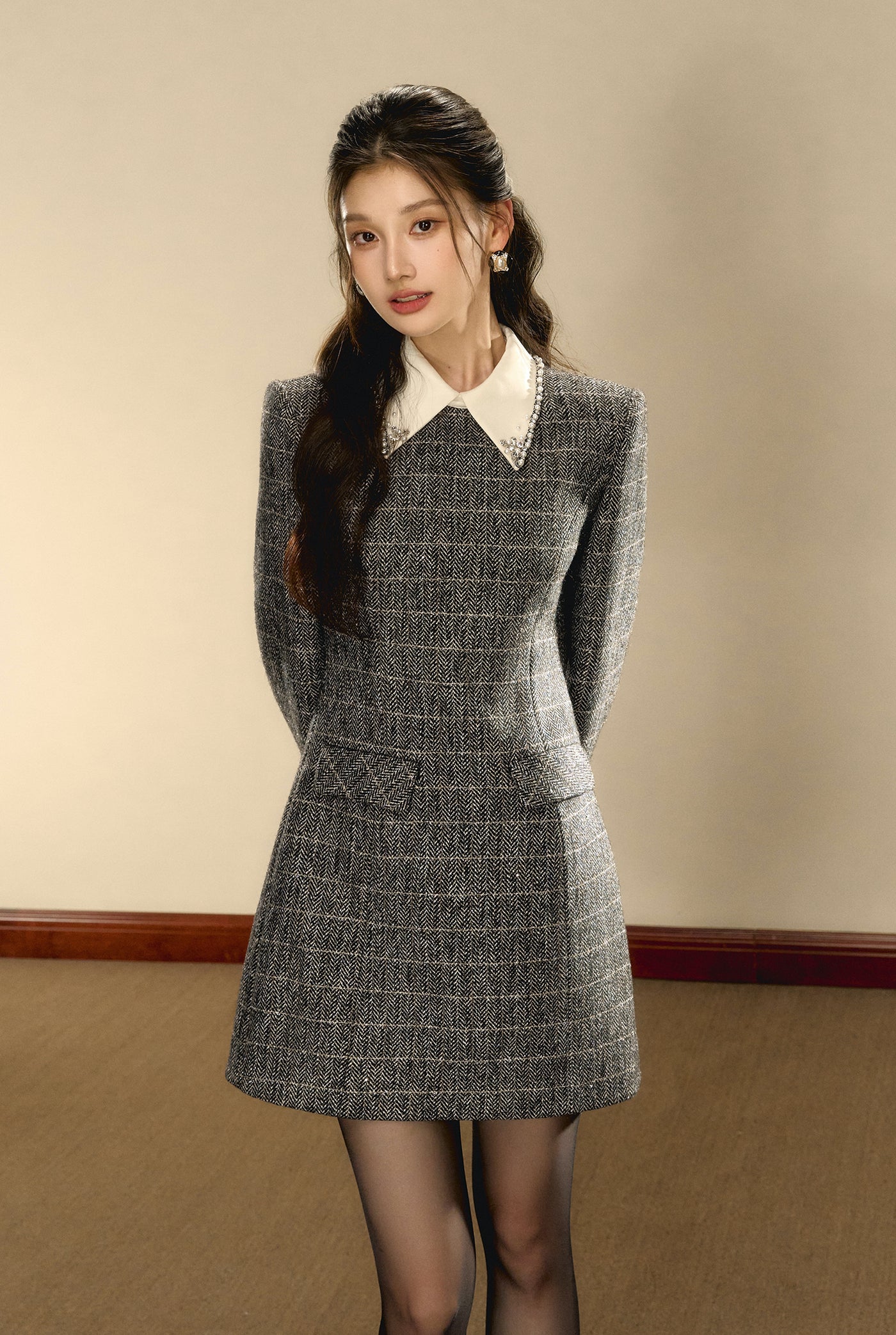 Check Wool Small Fragrance Waist Slim A-line Dress OSH0094