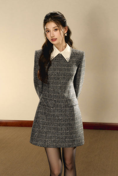 Check Wool Small Fragrance Waist Slim A-line Dress OSH0094