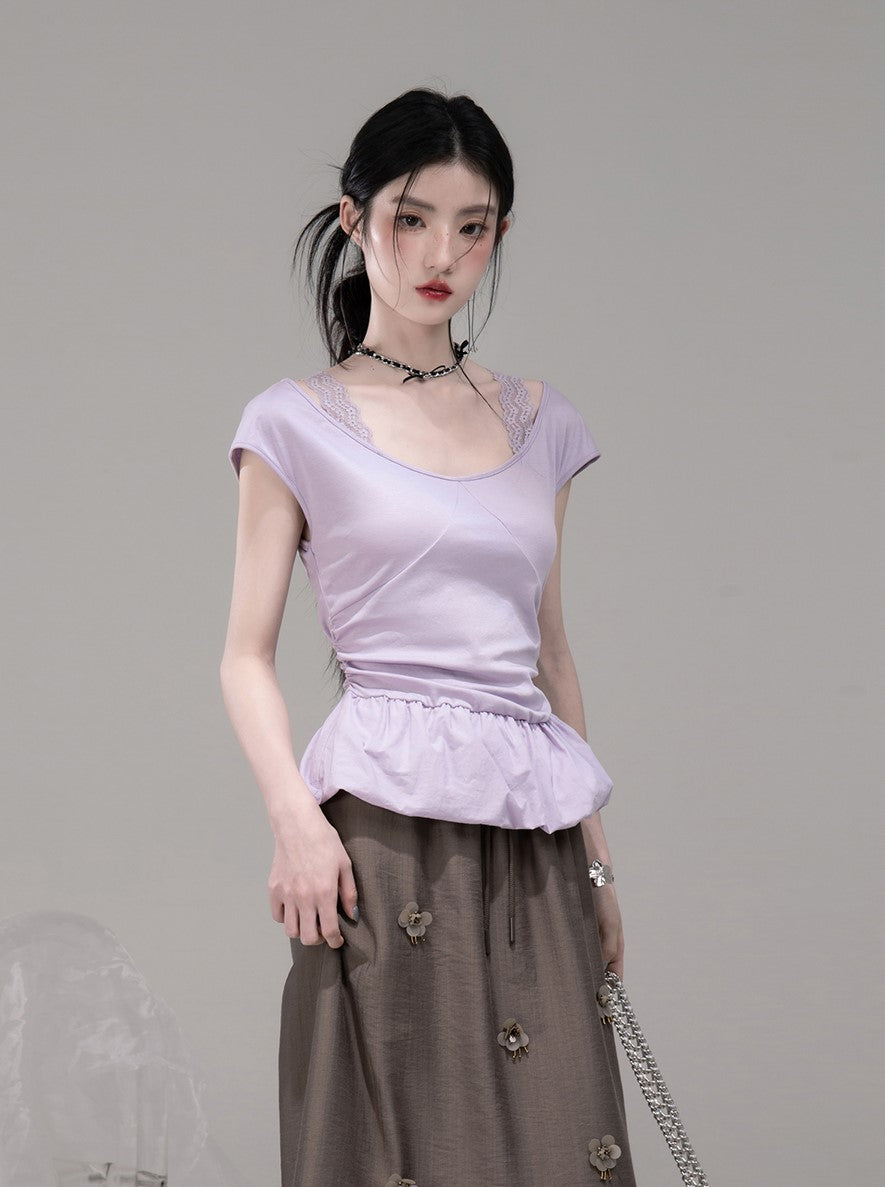Purple Waist Slim Short Sleeve T-shirt COT0306