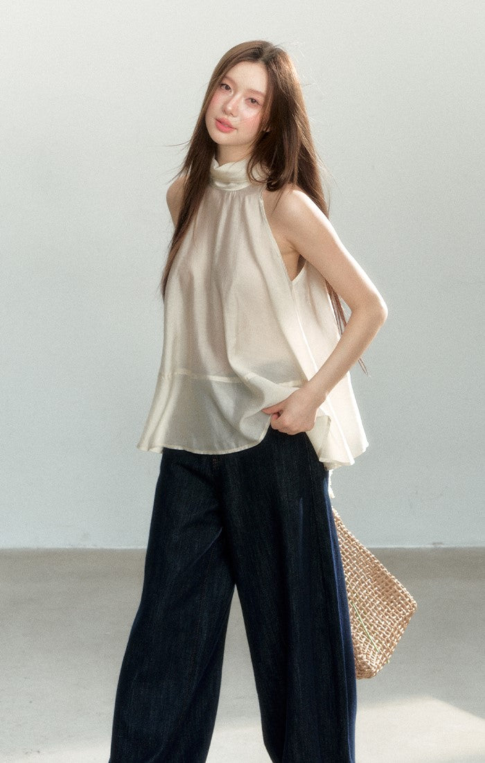 Beige Halter Sleeveless Top SHI0174