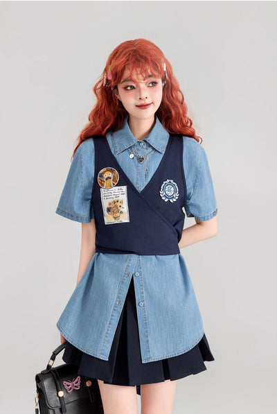 Two-piece Short-sleeved Thin Denim Shirt/Lace-up Vest KEI0088