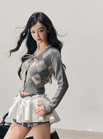 French Argyle Knitted Short Cardigan DIA0763