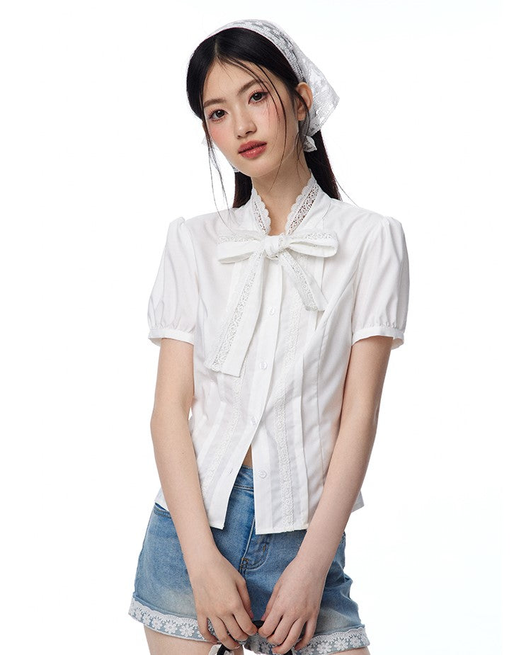 White Lace Bow Short-sleeved Shirt NTO0097