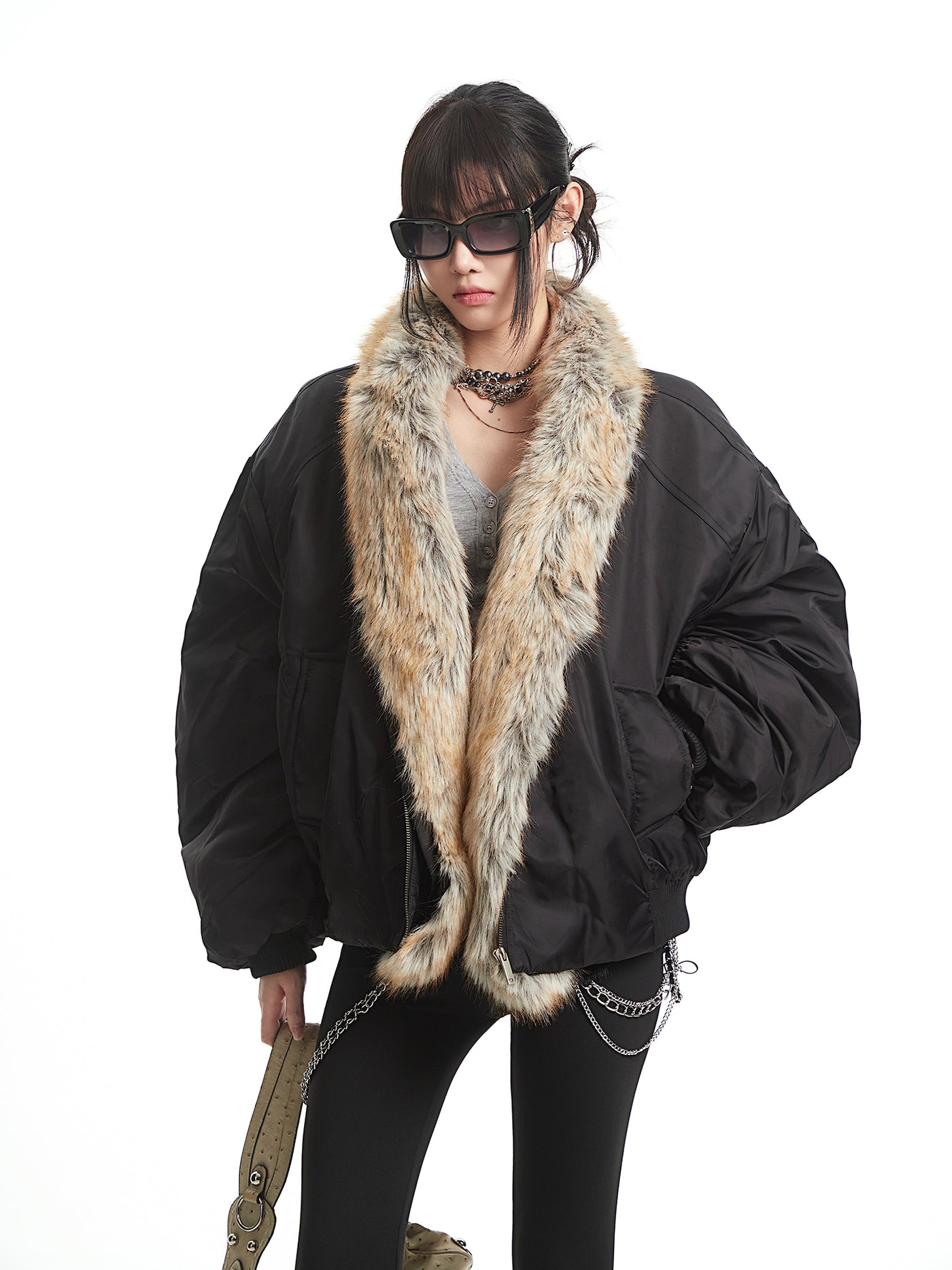 Black Fur Collar Thick Warm Jacket UNC0331