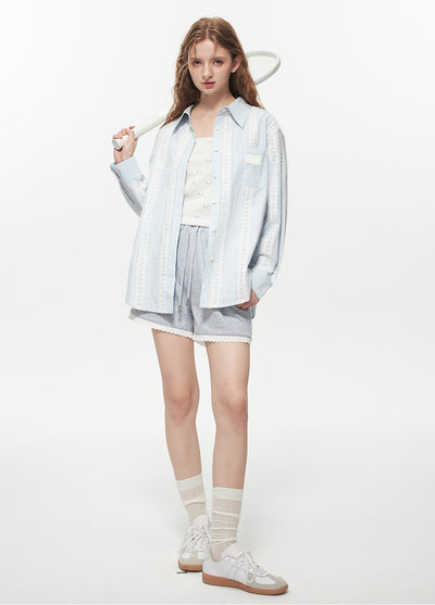 Dream Island Flower Lace Patchwork Striped Shirt FLO0022