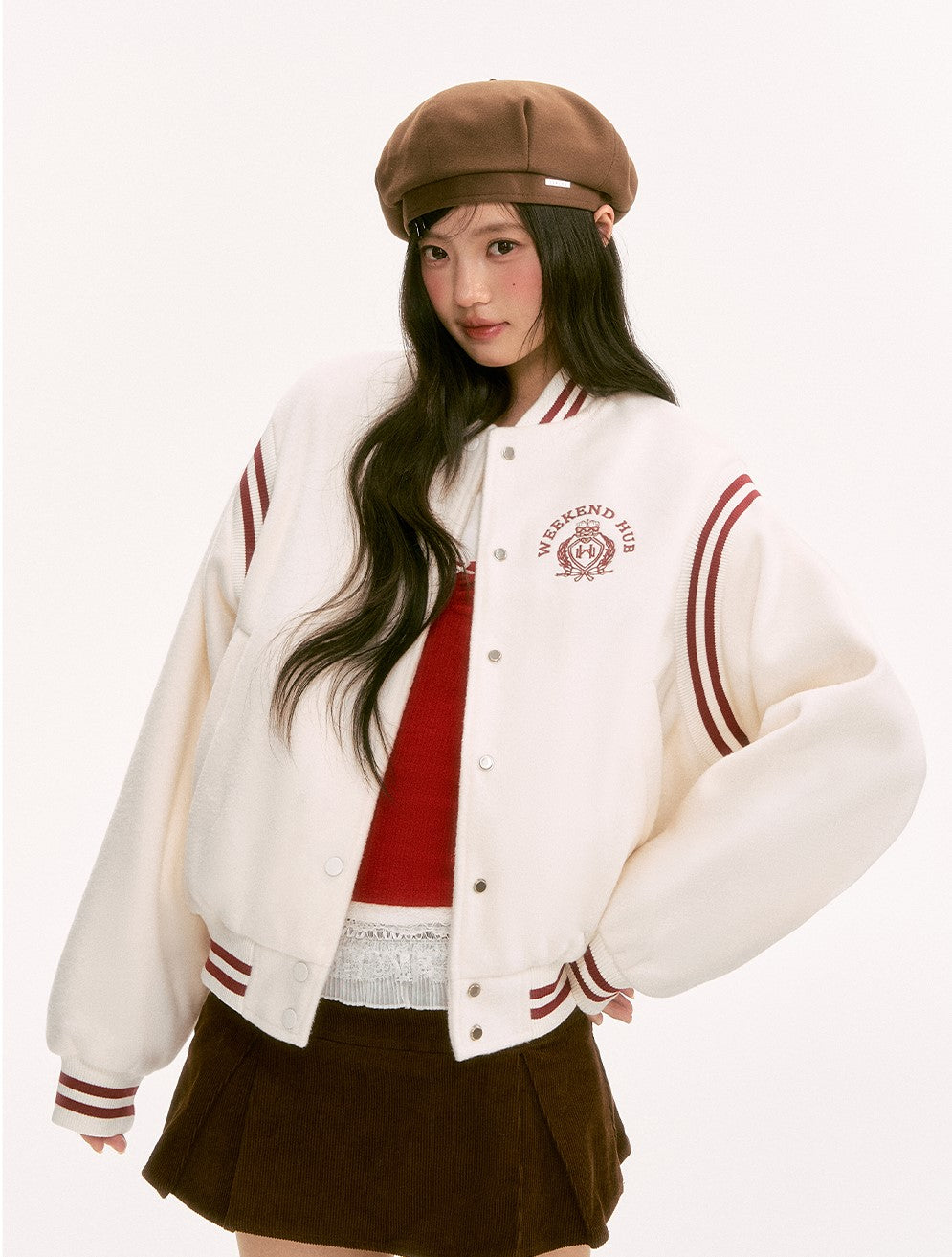 White Color-Blocked Wool Baseball Jacket WEE0125
