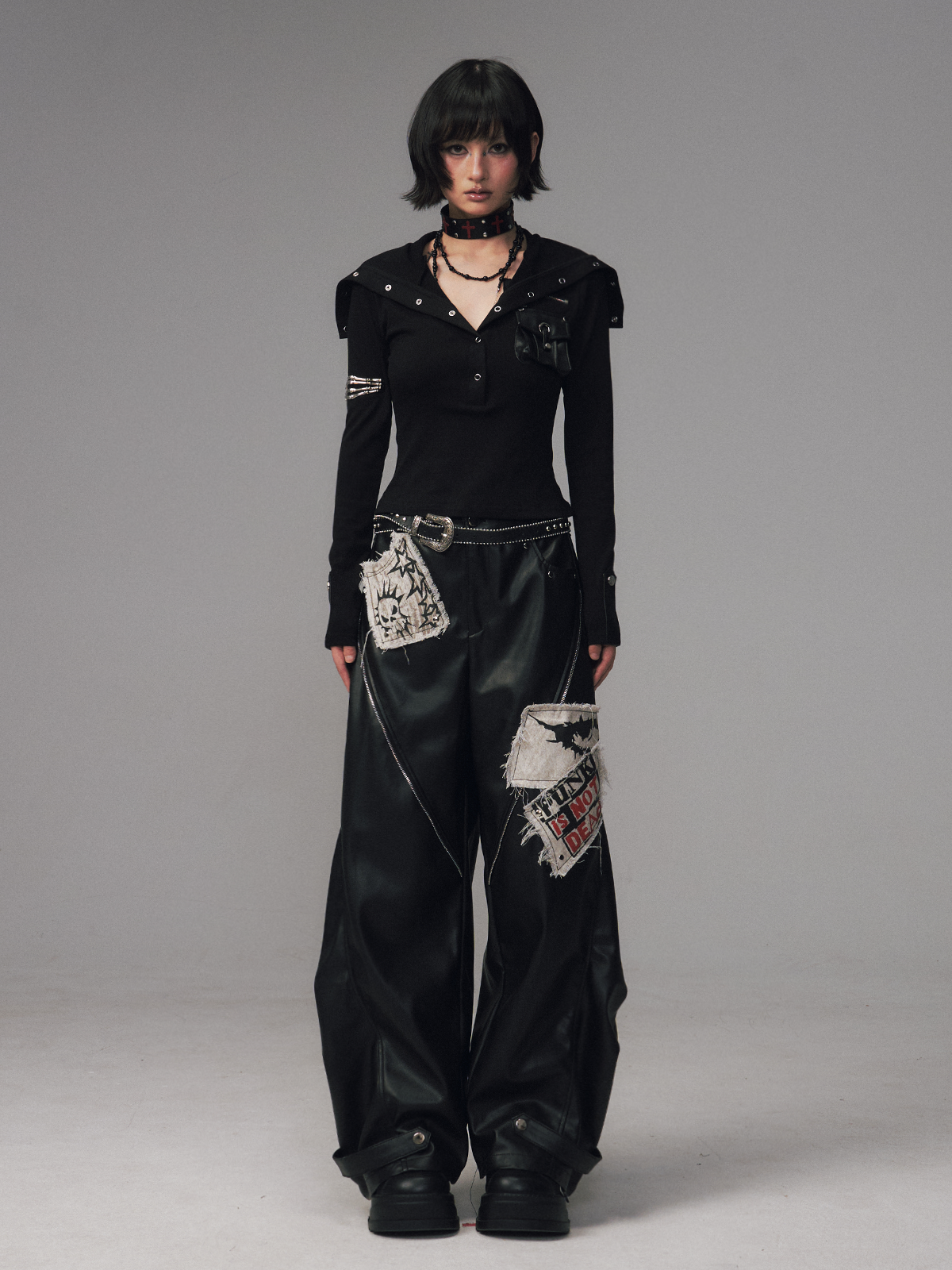 Punk Rock Zipper Split Print Leather Pants FRU0122