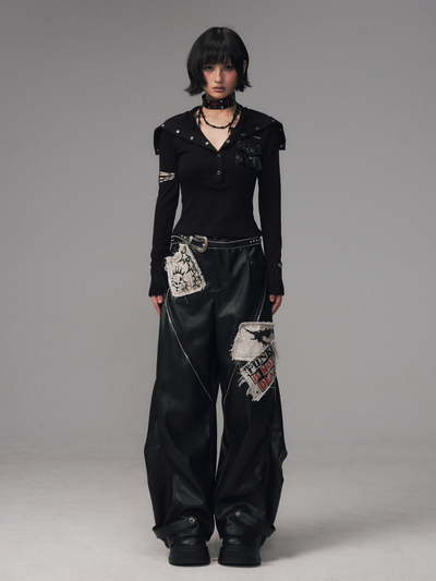 Punk Rock Zipper Split Print Leather Pants FRU0122