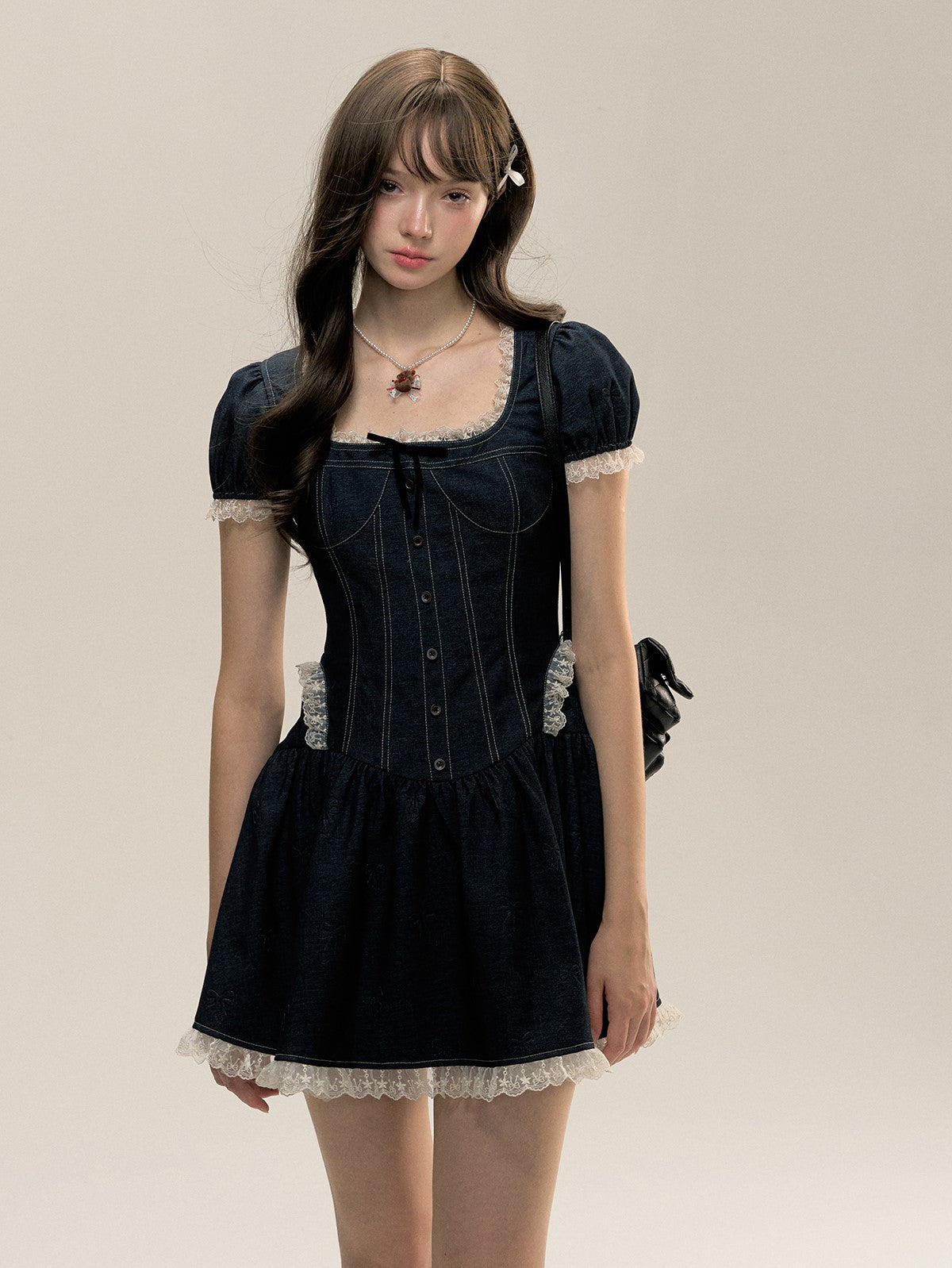 Denim Topstitch Square-neck Panelled Pleated Dress SUN0076