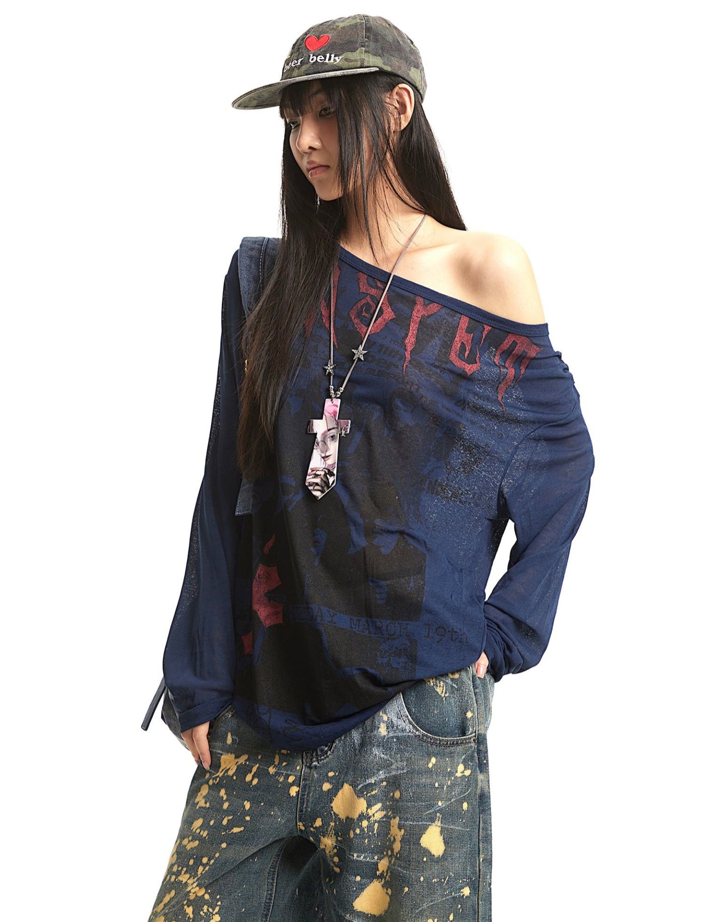 Retro Print Oblique Shoulder T-shirt UNC0289
